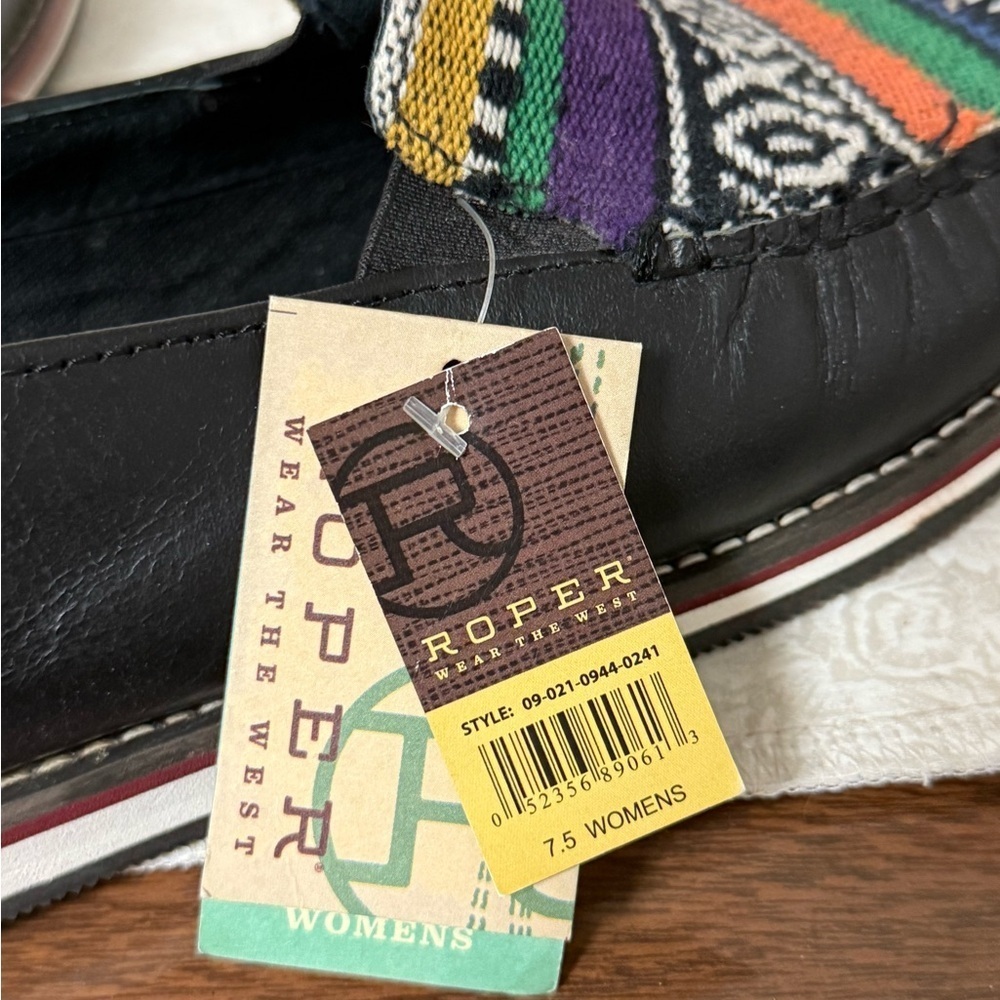 NWT Roper Ladies Jacolin Leather/Serape Shoes Black Country Western Loafers 7.5 - Picture 11 of 14